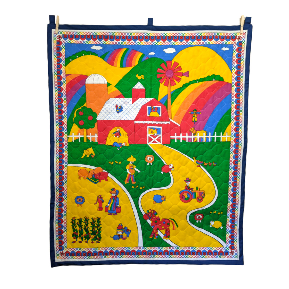 Vintage Rainbow Farm Crib Quilt Wall Hanging 70's 80's Nursery Decor Baby Shower